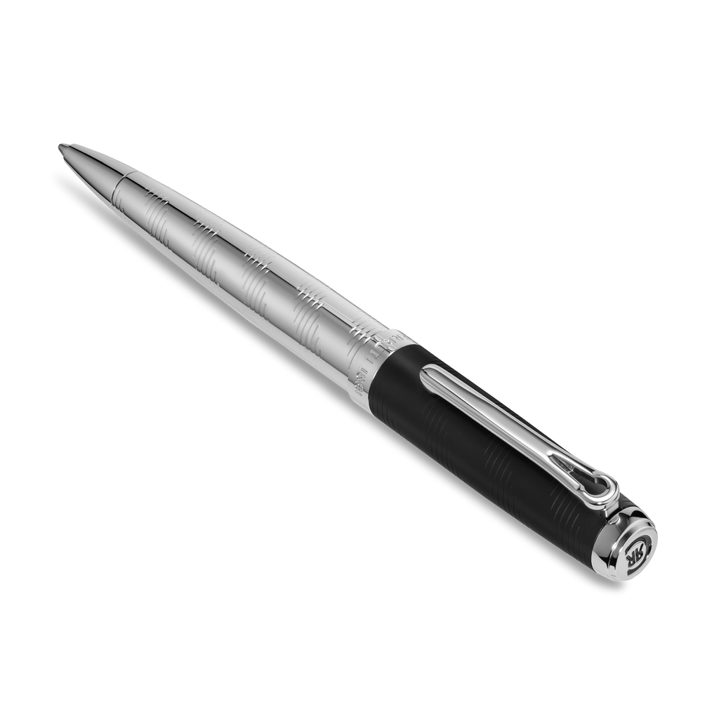 Silver-toned pen with ribbed barrel, black textured grip, silver-toned clip, and black cap top with silver-toned HR logo.