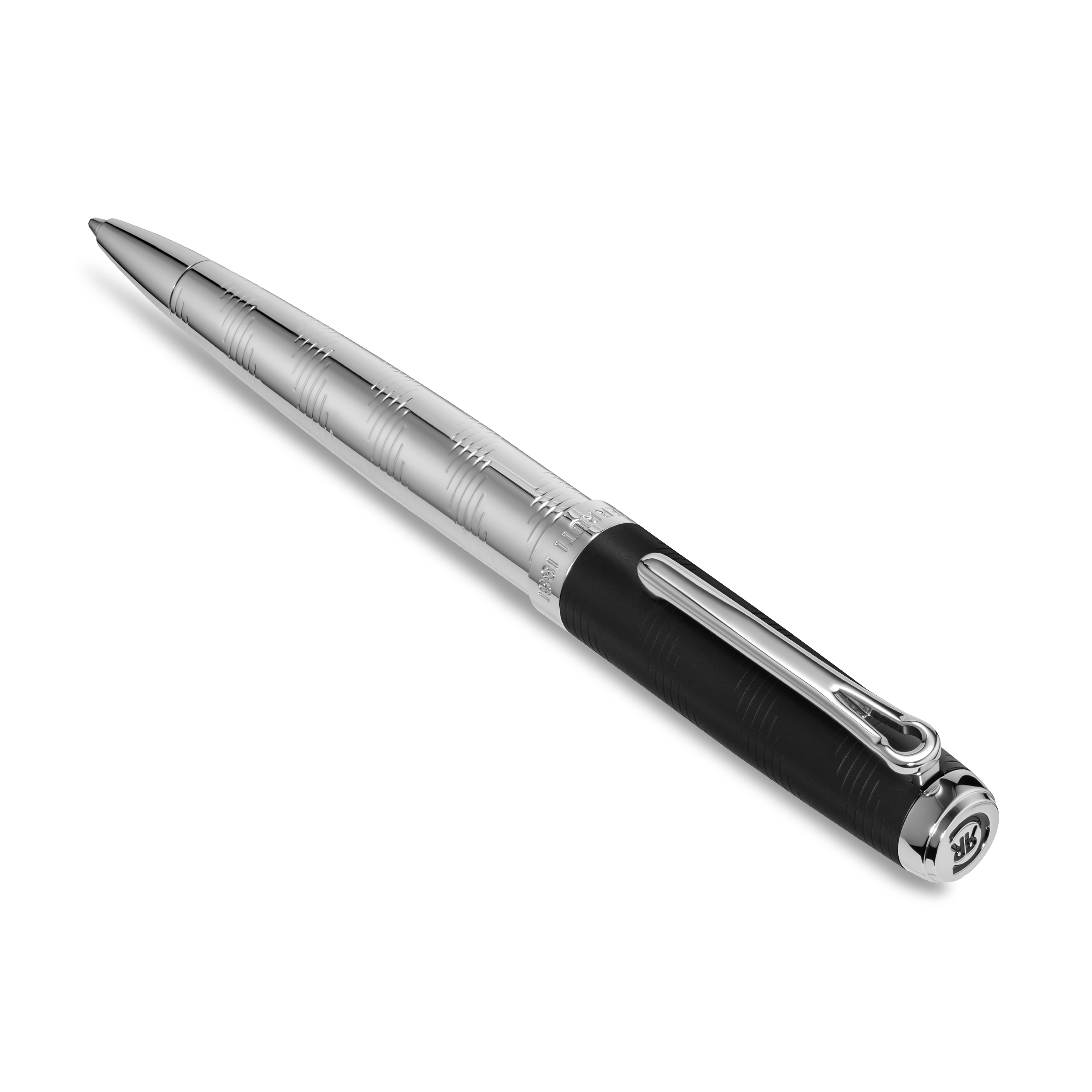 Silver-toned pen with ribbed barrel, black textured grip, silver-toned clip, and black cap top with silver-toned HR logo.