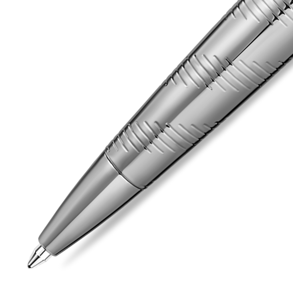 Silver-toned ballpoint pen with a textured barrel featuring diagonal lines and horizontal grooves, and a smooth, shiny tip.