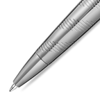 Silver-toned ballpoint pen with a textured barrel featuring diagonal lines and horizontal grooves, and a smooth, shiny tip.