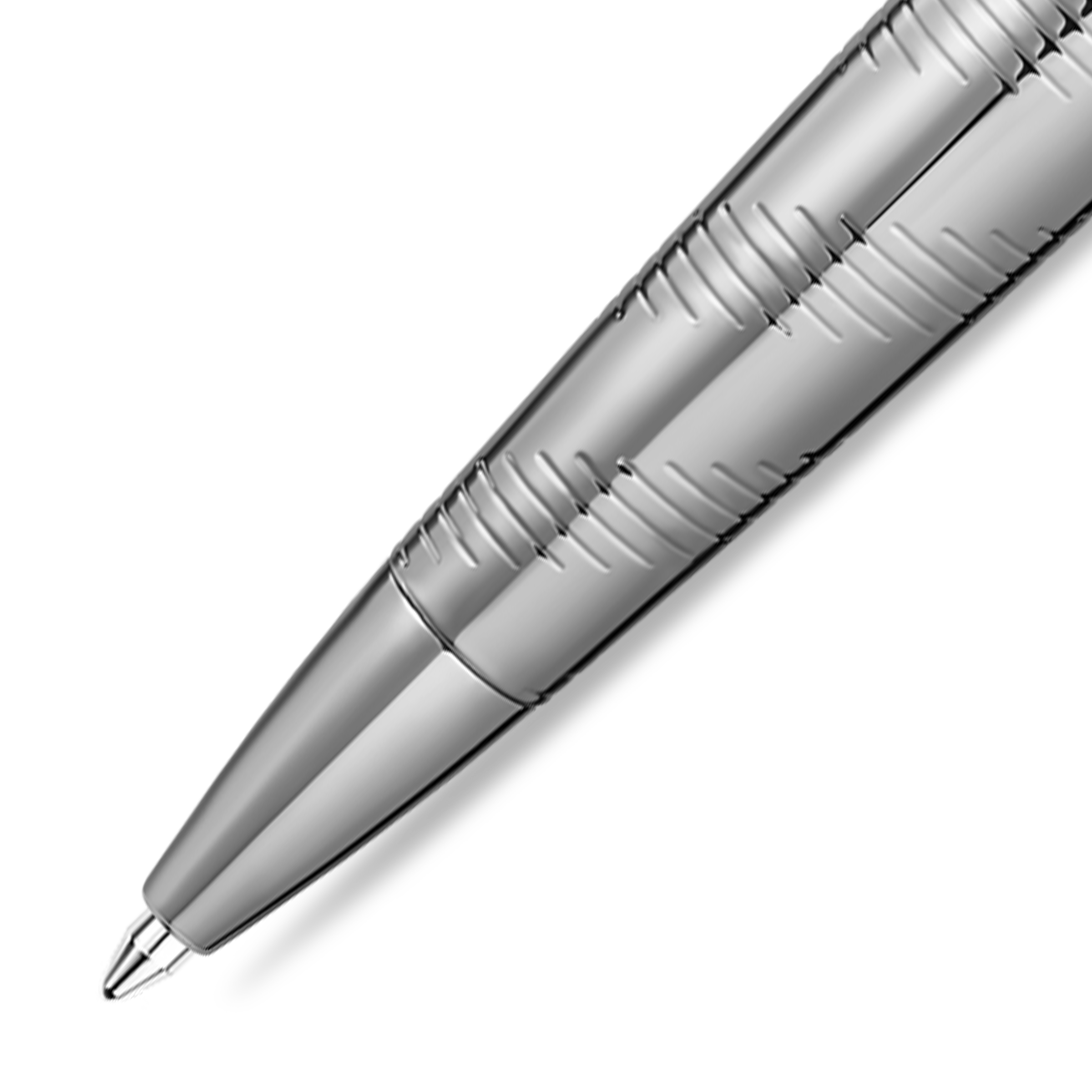 Silver-toned ballpoint pen with a textured barrel featuring diagonal lines and horizontal grooves, and a smooth, shiny tip.