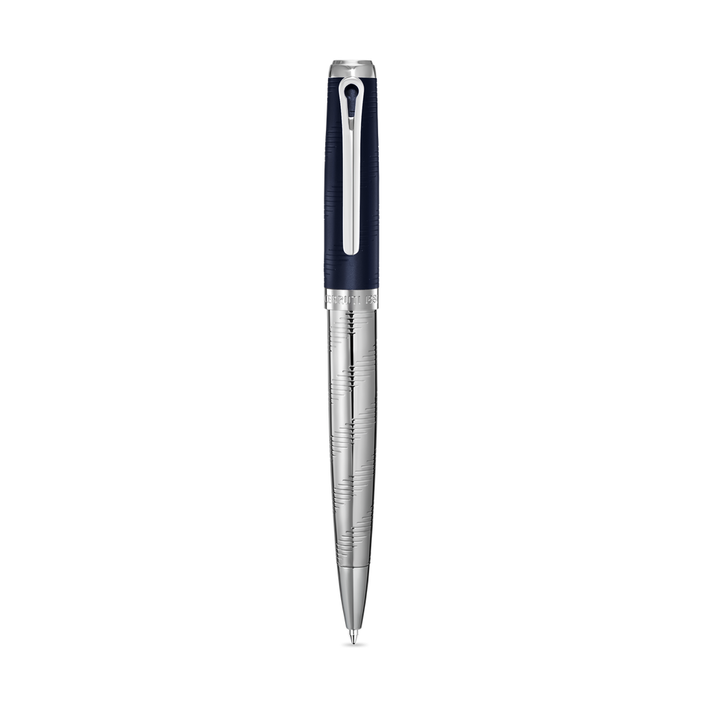 Dark blue textured ballpoint pen with a silver-toned engraved metallic lower barrel and silver-toned clip.