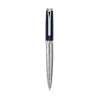Dark blue textured ballpoint pen with a silver-toned engraved metallic lower barrel and silver-toned clip.