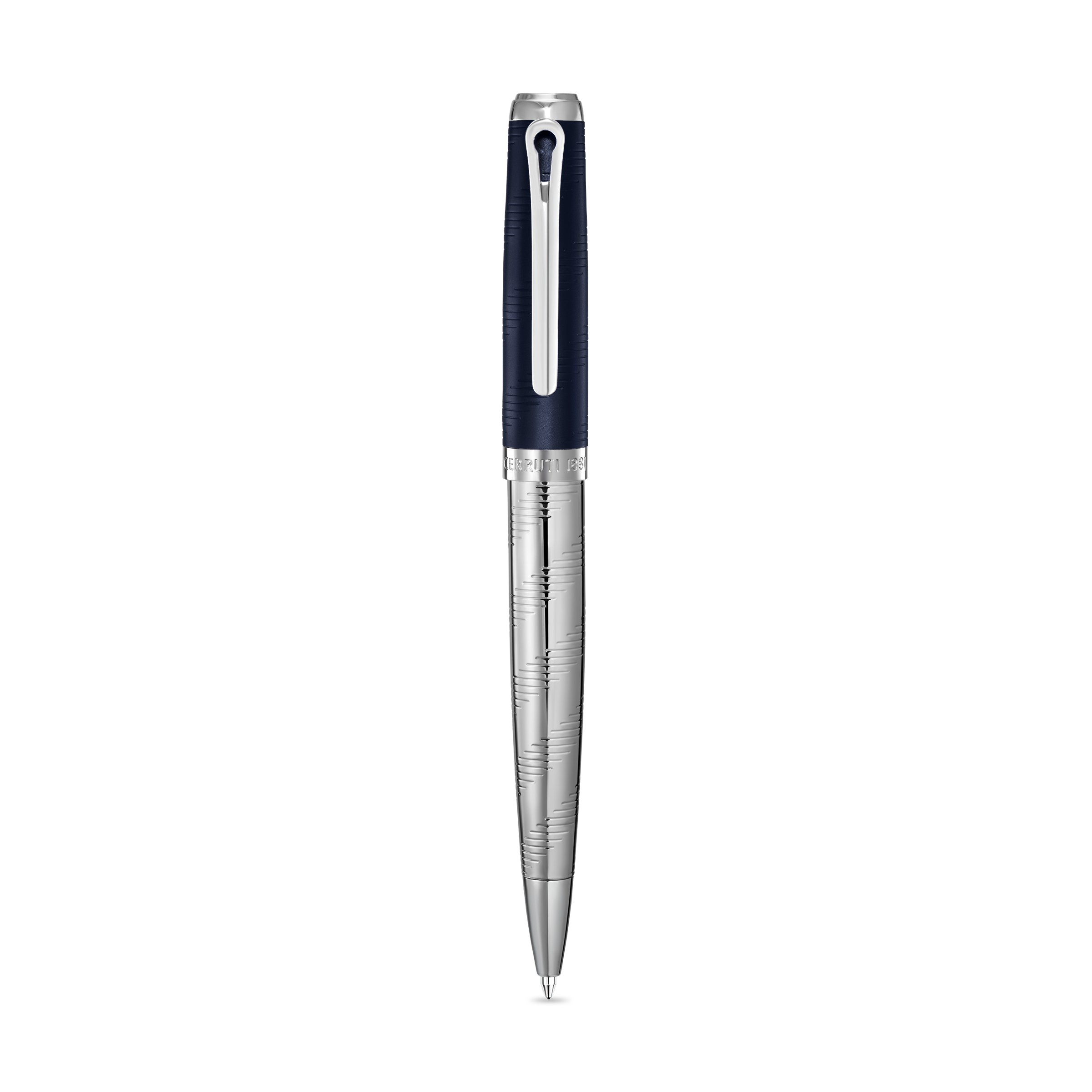 Dark blue textured ballpoint pen with a silver-toned engraved metallic lower barrel and silver-toned clip.