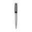 Dark blue textured ballpoint pen with a silver-toned engraved metallic lower barrel and silver-toned clip.