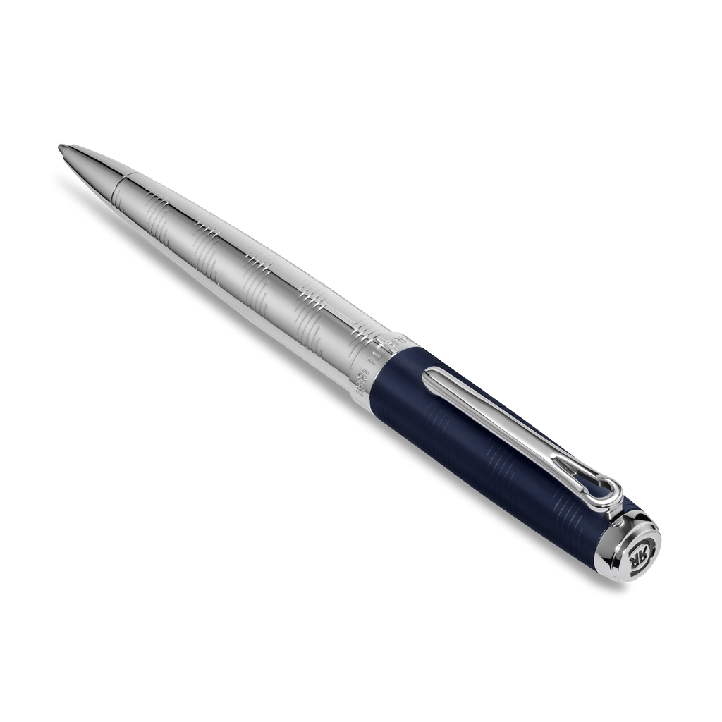 Silver-toned pen with a textured barrel and a dark blue cap with a silver-toned clip. The cap end features a silver-toned log