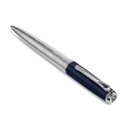 Silver-toned pen with a textured barrel and a dark blue cap with a silver-toned clip. The cap end features a silver-toned log