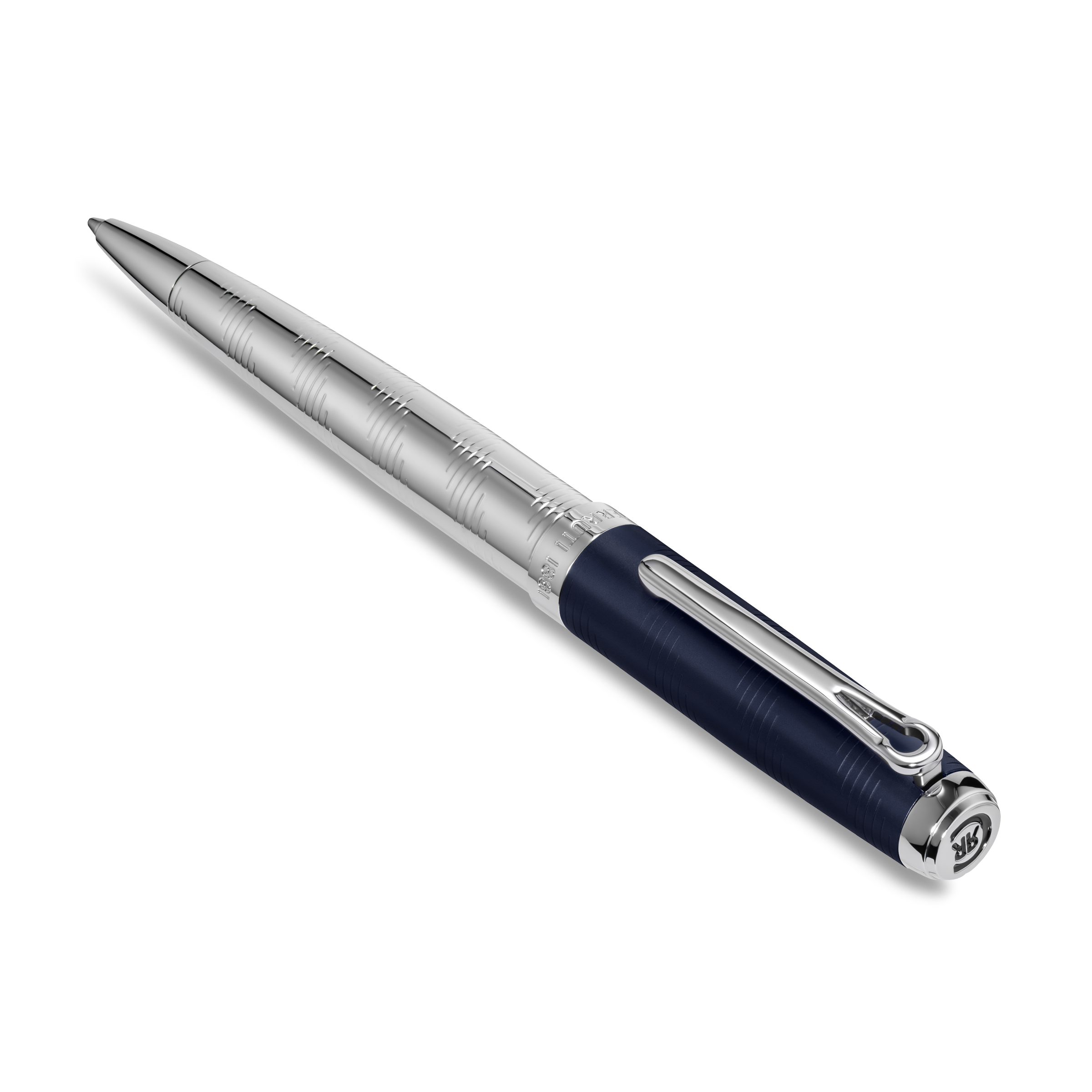 Silver-toned pen with a textured barrel and a dark blue cap with a silver-toned clip. The cap end features a silver-toned log