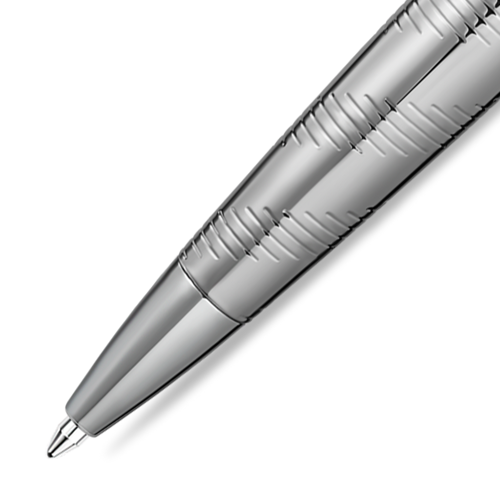 Shiny silver-toned ballpoint pen with a textured barrel of etched lines and a smooth, pointed tip.