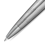 Shiny silver-toned ballpoint pen with a textured barrel of etched lines and a smooth, pointed tip.