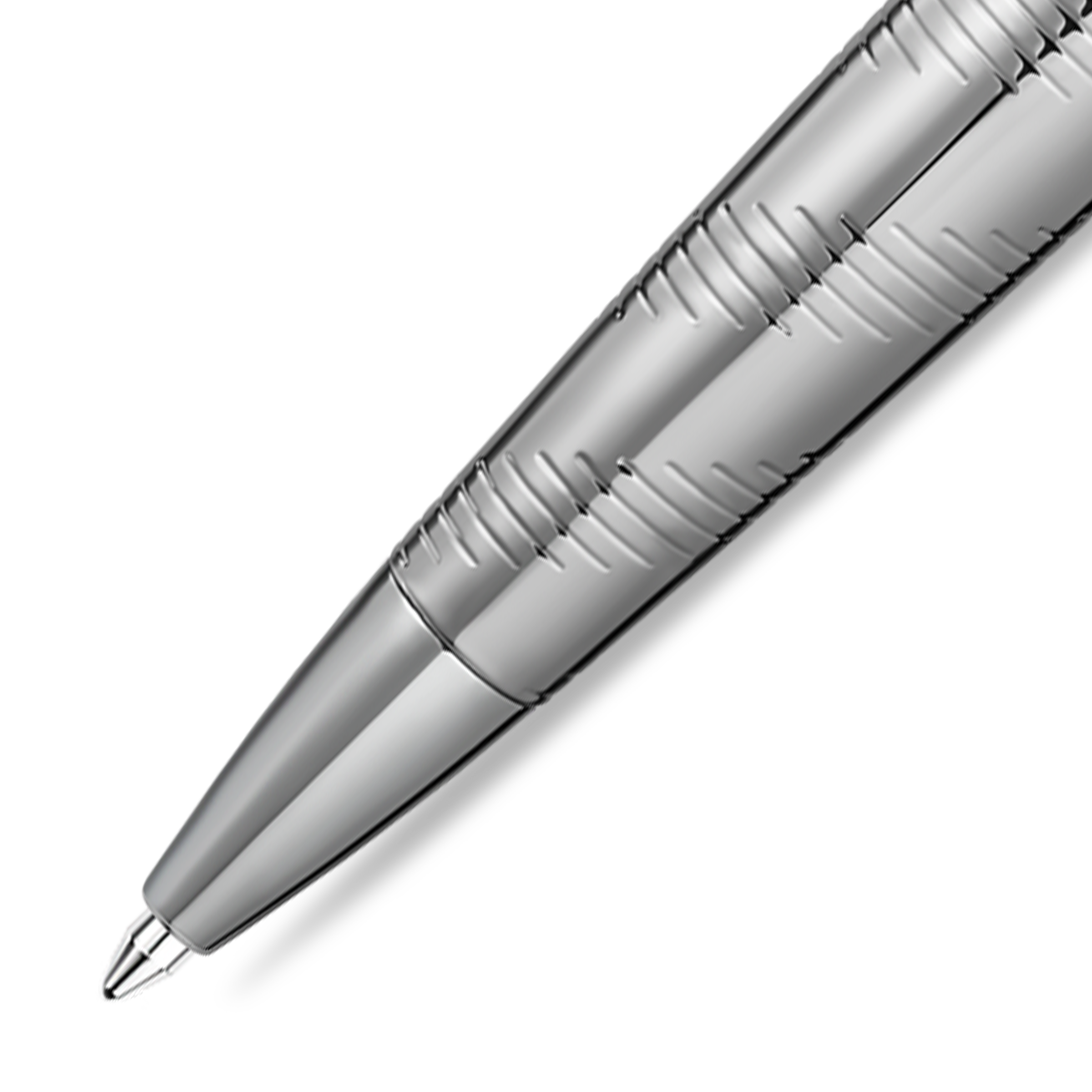 Shiny silver-toned ballpoint pen with a textured barrel of etched lines and a smooth, pointed tip.