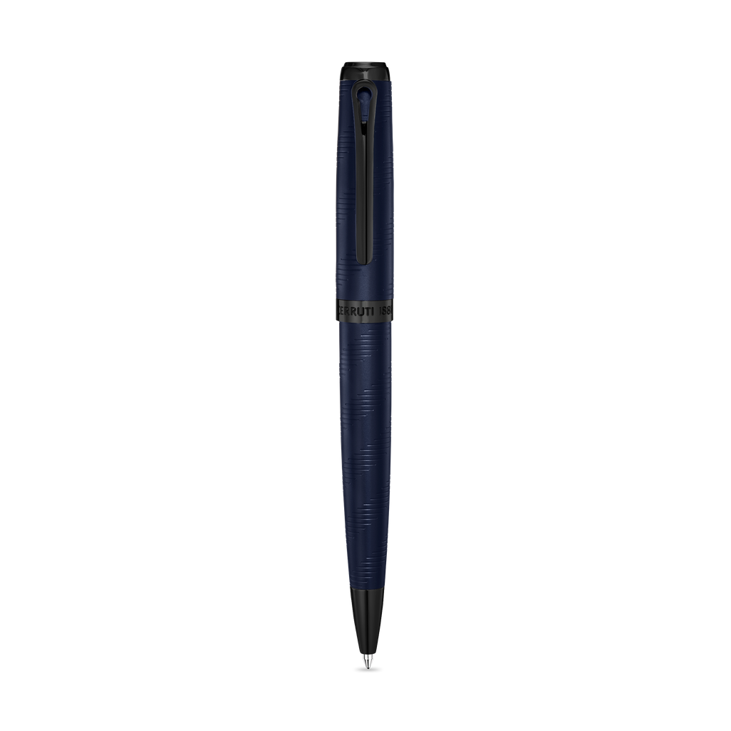 Dark blue textured pen with a smooth black cap top, clip, and writing tip, featuring "CERRUTI 1881" branding.