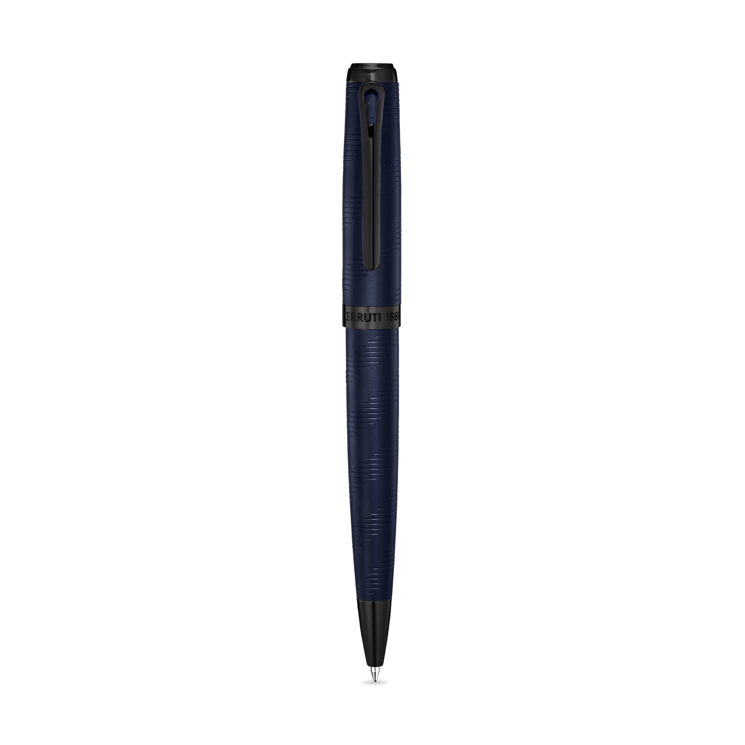 Dark blue textured pen with a smooth black cap top, clip, and writing tip, featuring "CERRUTI 1881" branding.