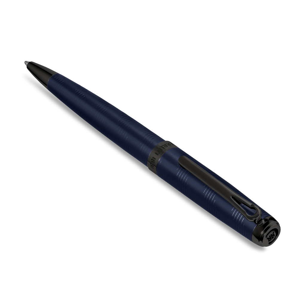 Dark blue pen with fine horizontal grooves, black tip, clip, and cap. The barrel is engraved with "PRATI 1830".
