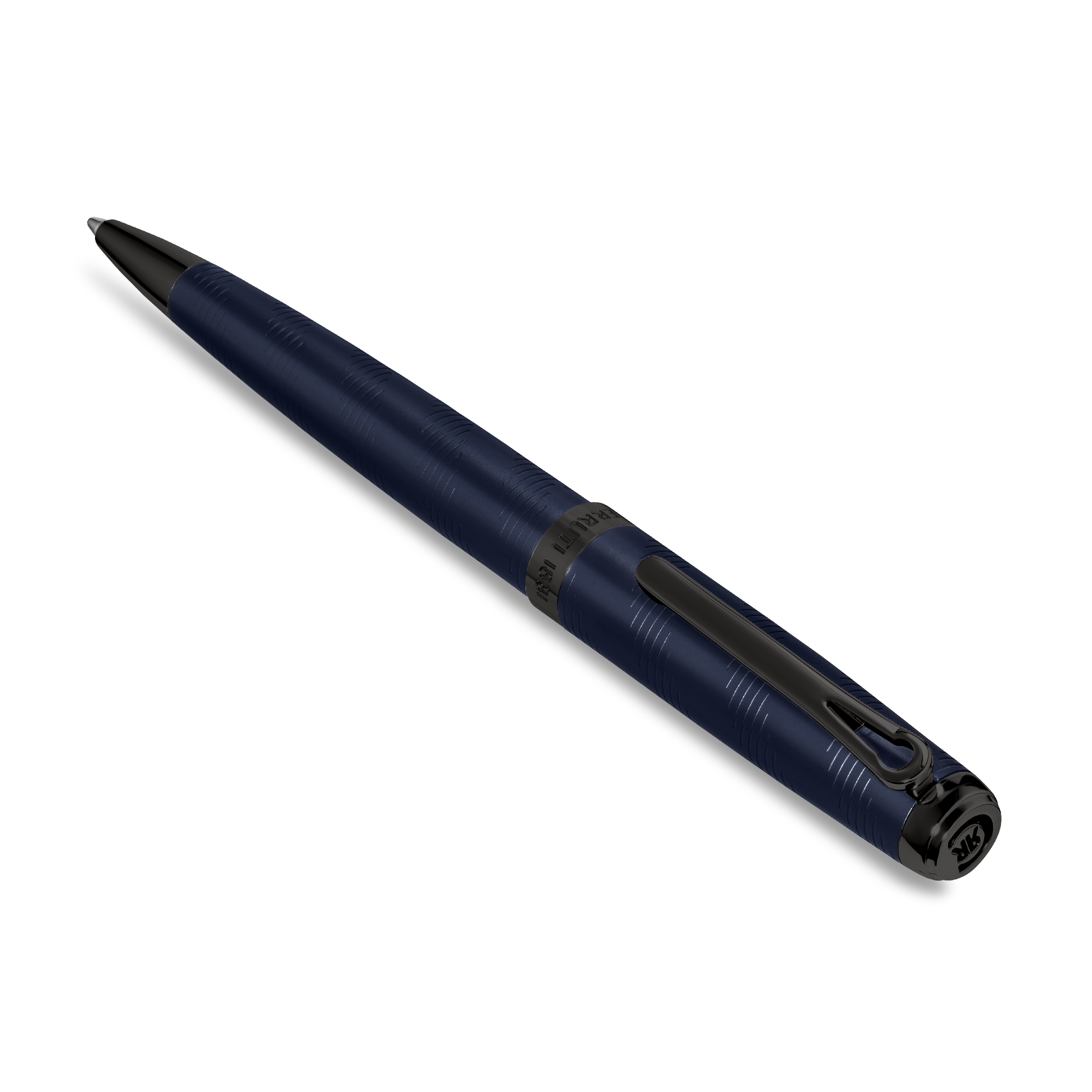 Dark blue pen with fine horizontal grooves, black tip, clip, and cap. The barrel is engraved with "PRATI 1830".