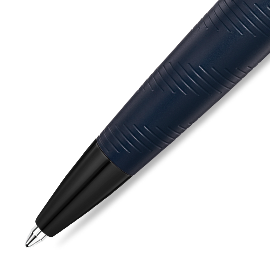 Dark blue pen with diagonal textured grip, black gun-toned tip, and silver-toned ballpoint.