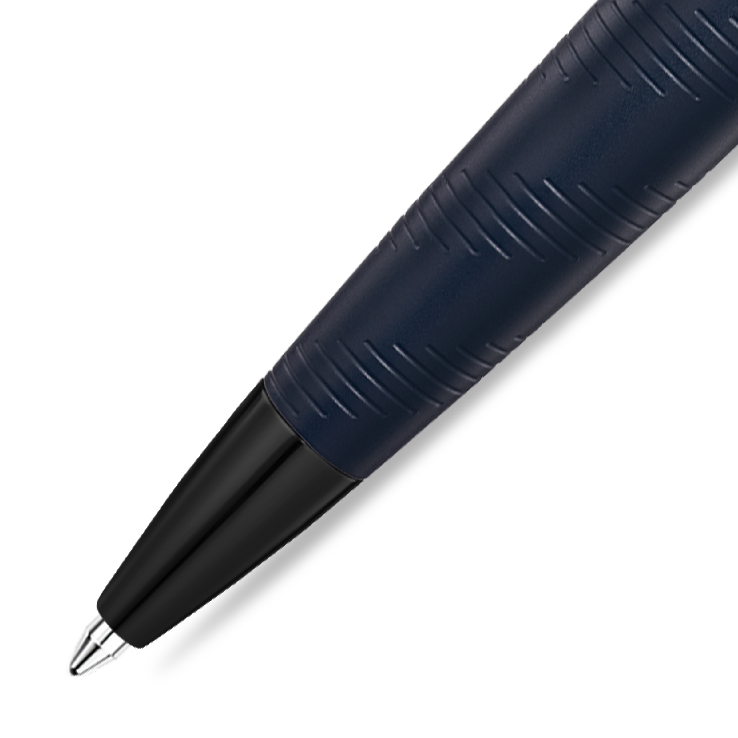 Dark blue pen with diagonal textured grip, black gun-toned tip, and silver-toned ballpoint.