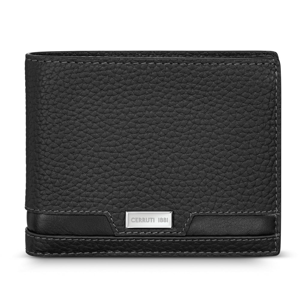 Black bi-fold wallet made from pebbled full grain leather, featuring a smooth trim and a silver-toned "CERRUTI 1881" plaque.