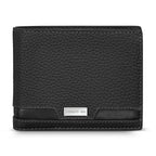 Black bi-fold wallet made from pebbled full grain leather, featuring a smooth trim and a silver-toned "CERRUTI 1881" plaque.