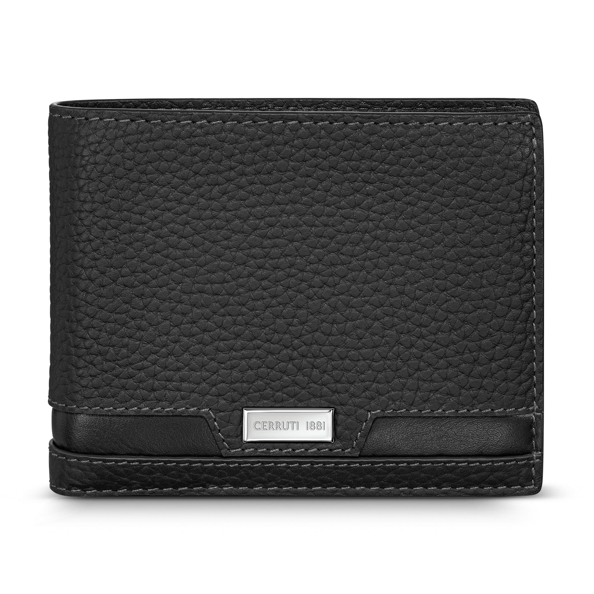 Black bi-fold wallet made from pebbled full grain leather, featuring a smooth trim and a silver-toned "CERRUTI 1881" plaque.