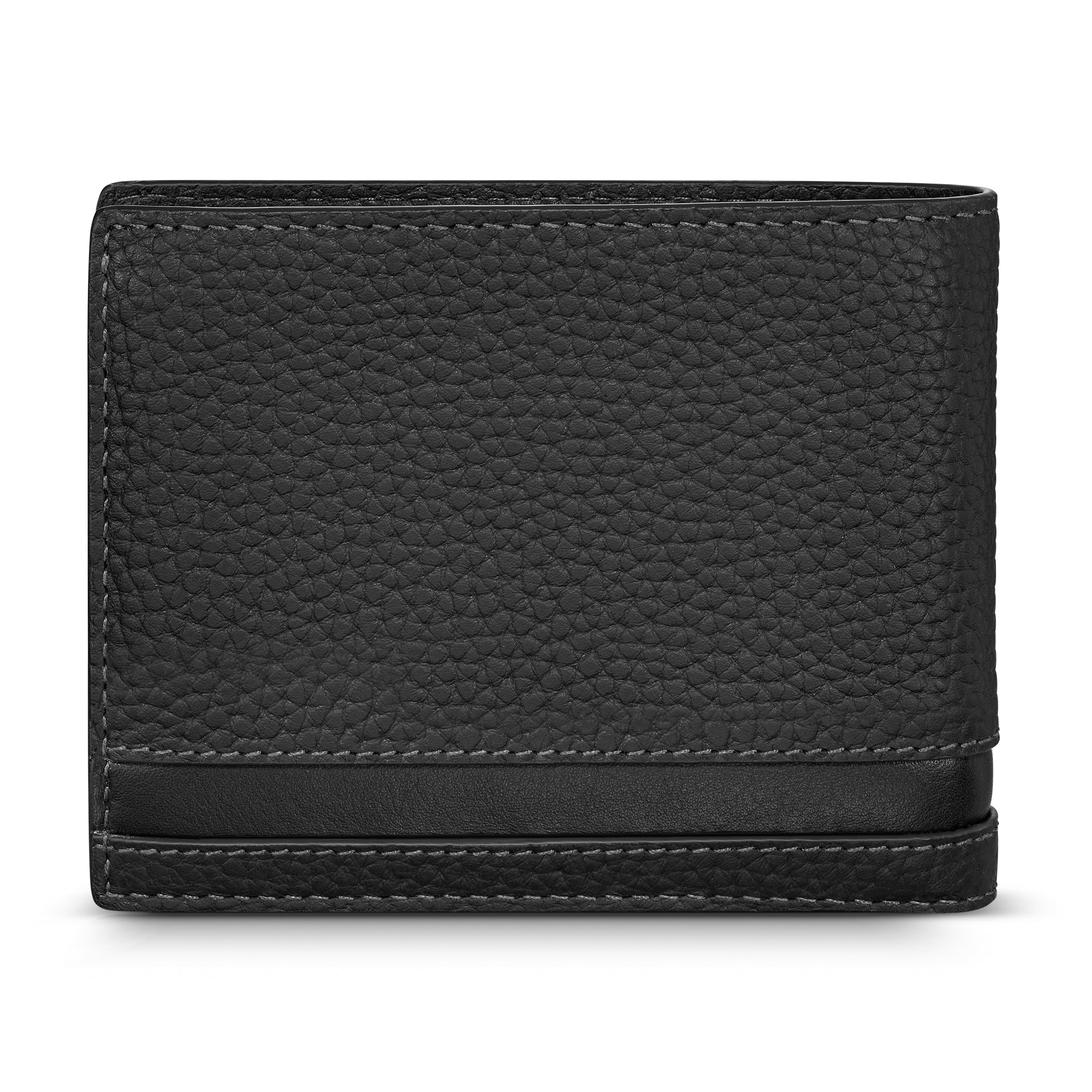 Black genuine full-grain leather bifold wallet with pebbled texture. Edges and a smooth horizontal strip are stitched with li