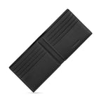 Black full-grain leather bifold wallet, open, showing pebbled texture, grey stitching, multiple card slots, and 'CERRUTI 1881