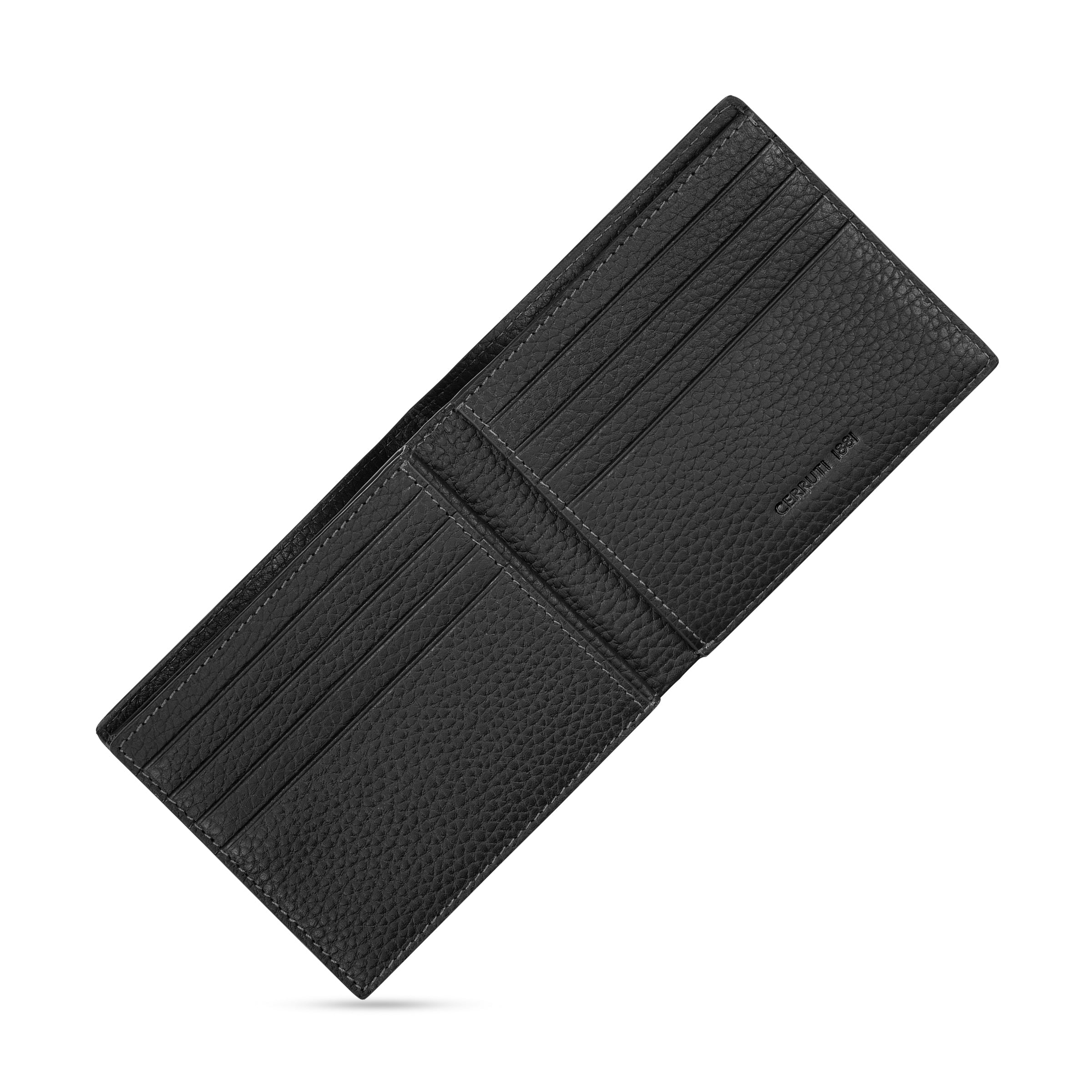 Black full-grain leather bifold wallet, open, showing pebbled texture, grey stitching, multiple card slots, and 'CERRUTI 1881