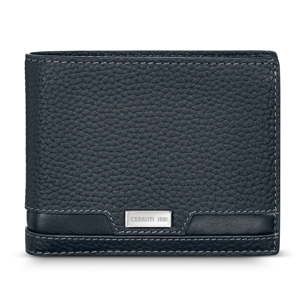 Dark blue pebbled full-grain leather bifold wallet with light contrast stitching and a silver-toned Cerruti 1881 logo plaque.