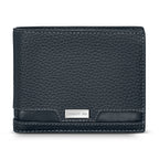 Dark blue pebbled full-grain leather bifold wallet with light contrast stitching and a silver-toned Cerruti 1881 logo plaque.
