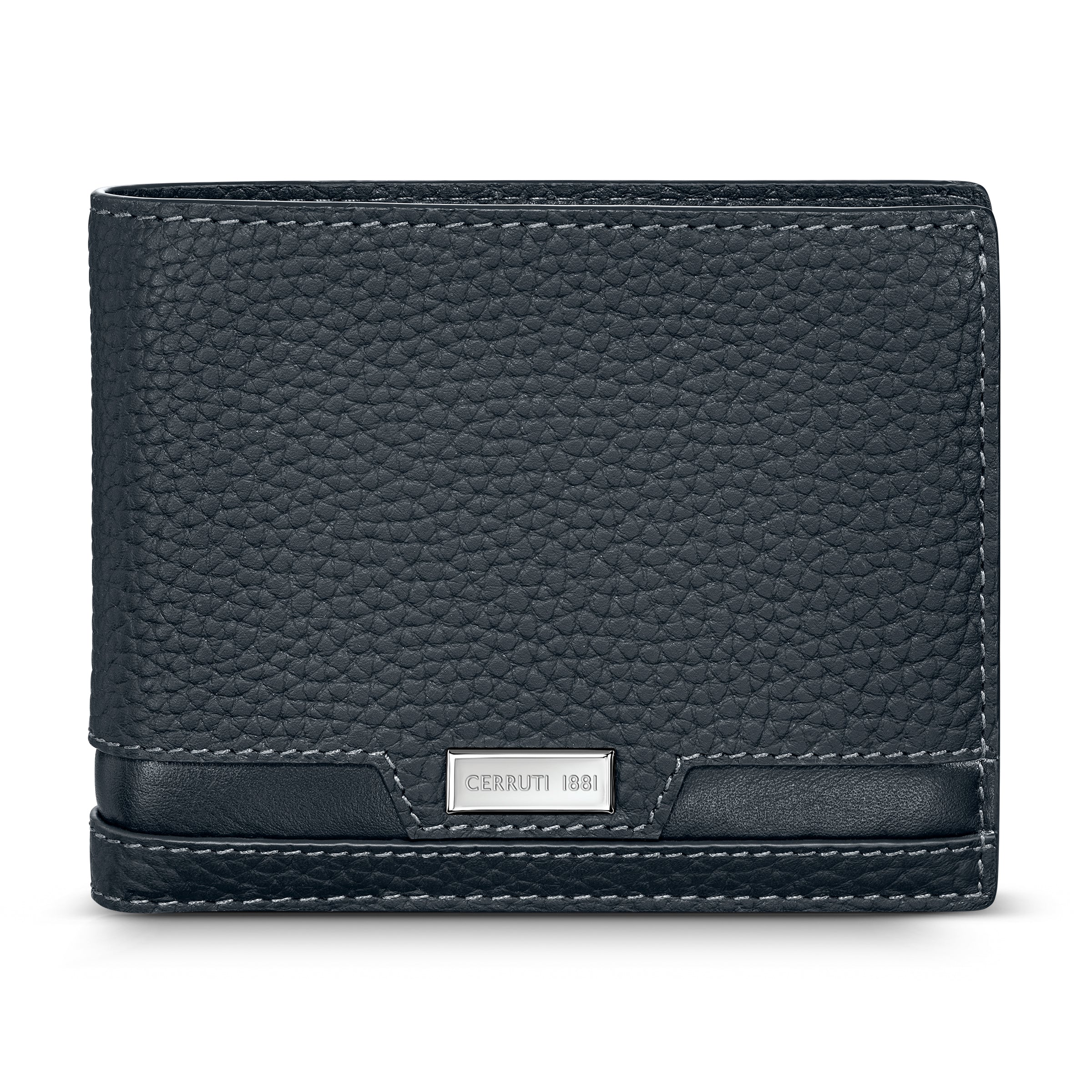 Dark blue pebbled full-grain leather bifold wallet with light contrast stitching and a silver-toned Cerruti 1881 logo plaque.