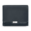 Dark blue pebbled full-grain leather bifold wallet with light contrast stitching and a silver-toned Cerruti 1881 logo plaque.