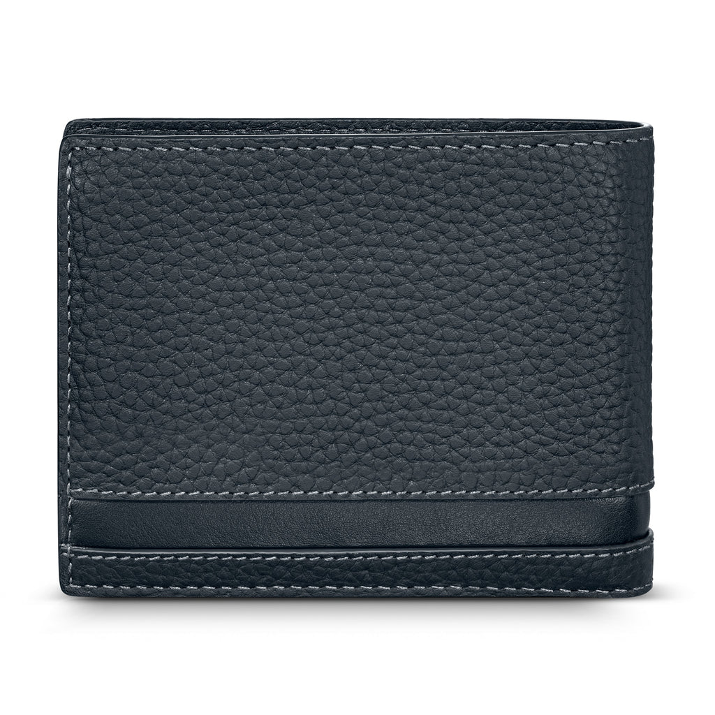 Dark blue genuine full-grain leather bifold wallet with pebbled texture, white contrast stitching, and a smooth leather band.