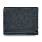 Dark blue genuine full-grain leather bifold wallet with pebbled texture, white contrast stitching, and a smooth leather band.