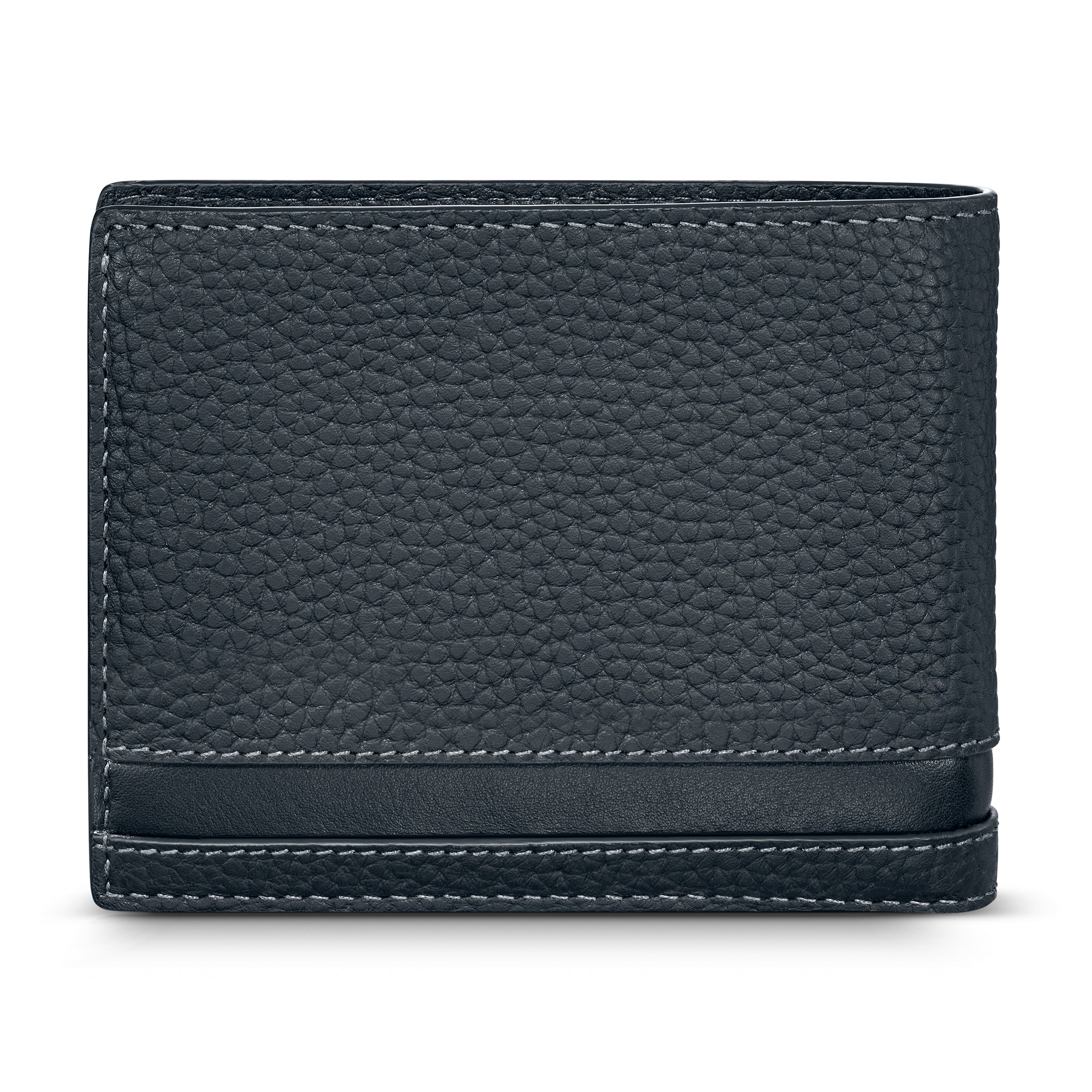 Dark blue genuine full-grain leather bifold wallet with pebbled texture, white contrast stitching, and a smooth leather band.