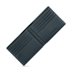 Dark blue pebbled full-grain leather bifold wallet, open, with multiple card slots, white stitching, and 'CERRUTI 1881' brand