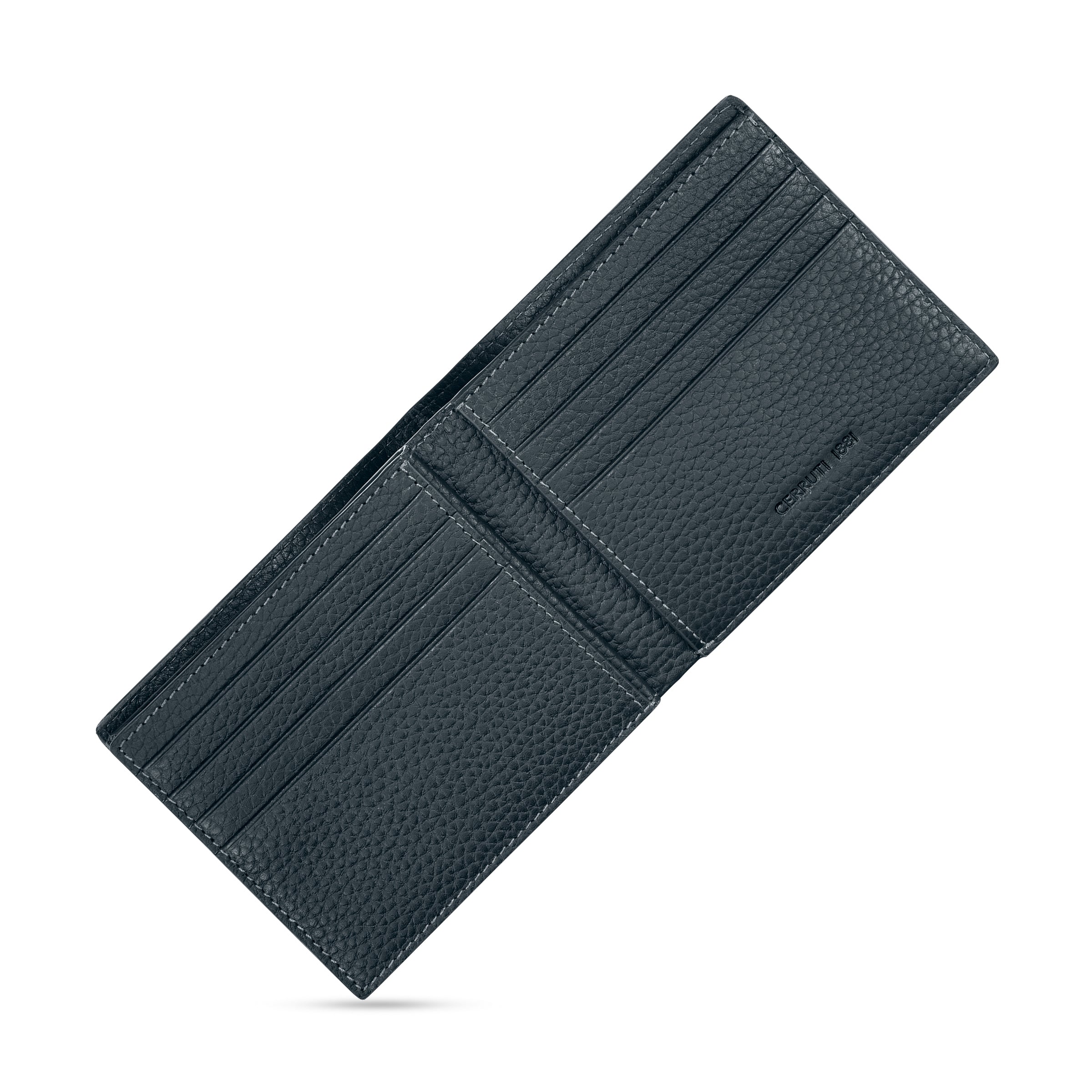 Dark blue pebbled full-grain leather bifold wallet, open, with multiple card slots, white stitching, and 'CERRUTI 1881' brand