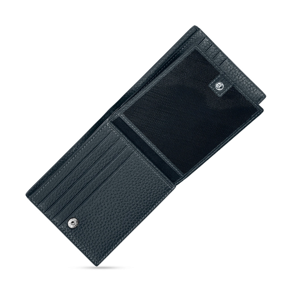 Open dark blue pebbled leather bi-fold wallet with light contrast stitching, multiple card slots, and a mesh ID window with s