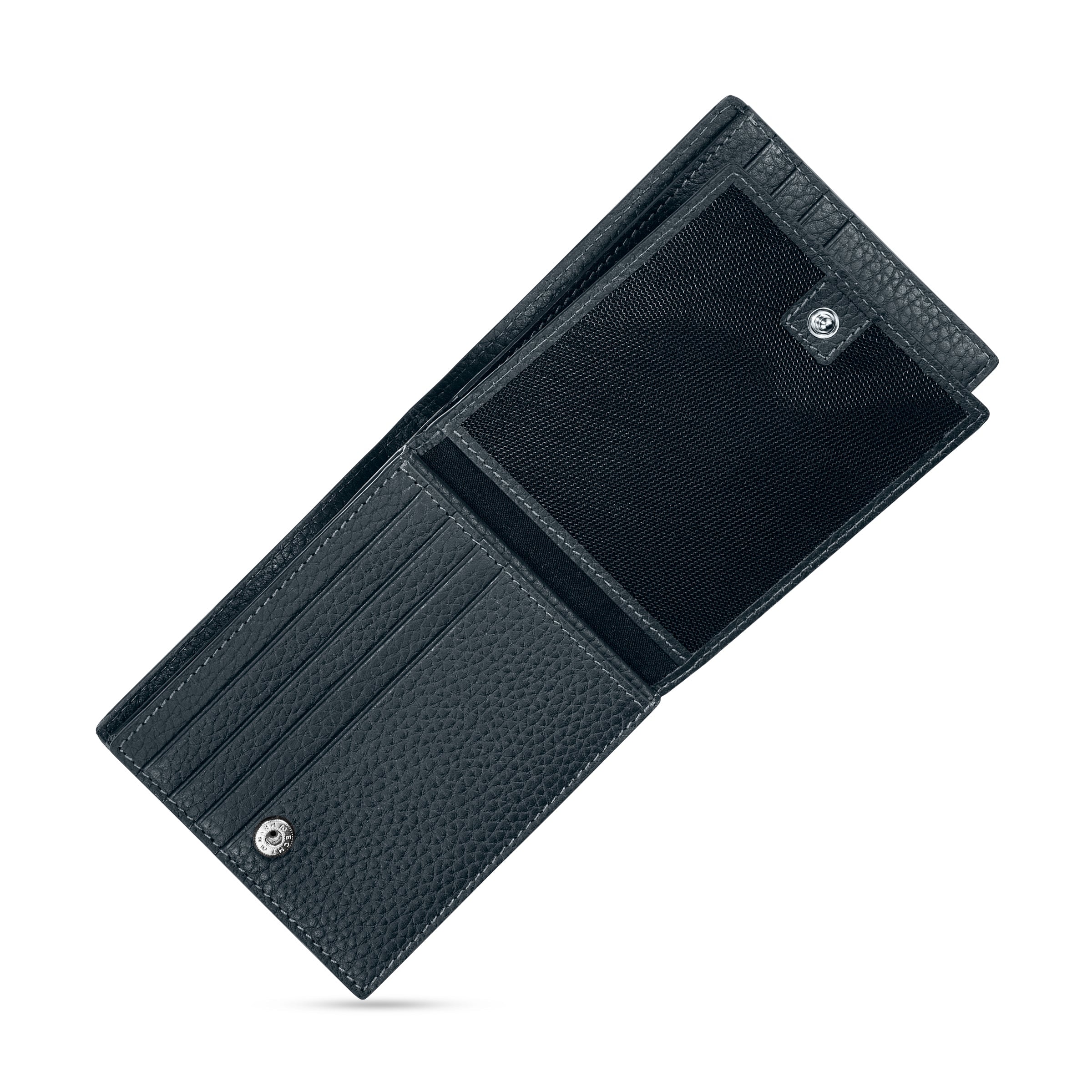Open dark blue pebbled leather bi-fold wallet with light contrast stitching, multiple card slots, and a mesh ID window with s