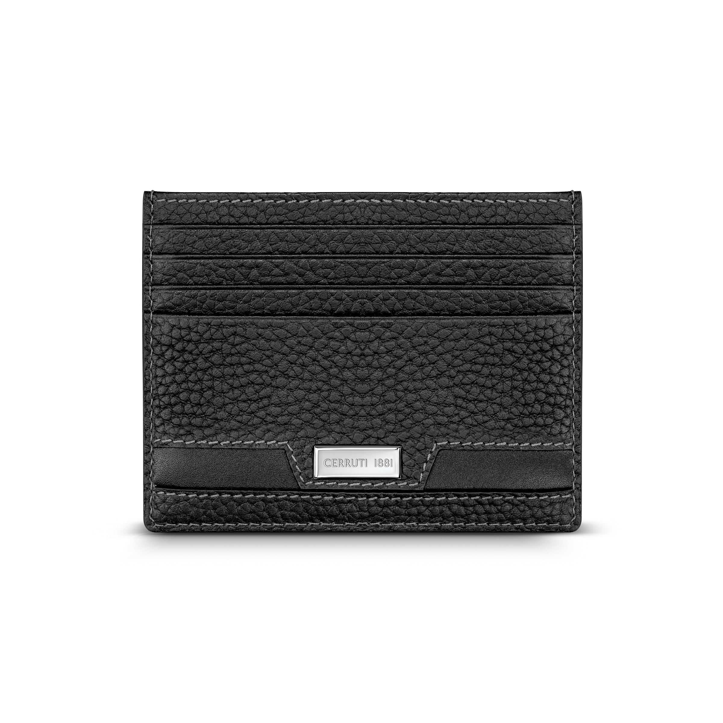 Black grained leather cardholder with multiple card slots, a smooth leather accent, and a silver-toned Cerruti 1881 logo plaq