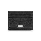 Black grained leather cardholder with multiple card slots, a smooth leather accent, and a silver-toned Cerruti 1881 logo plaq
