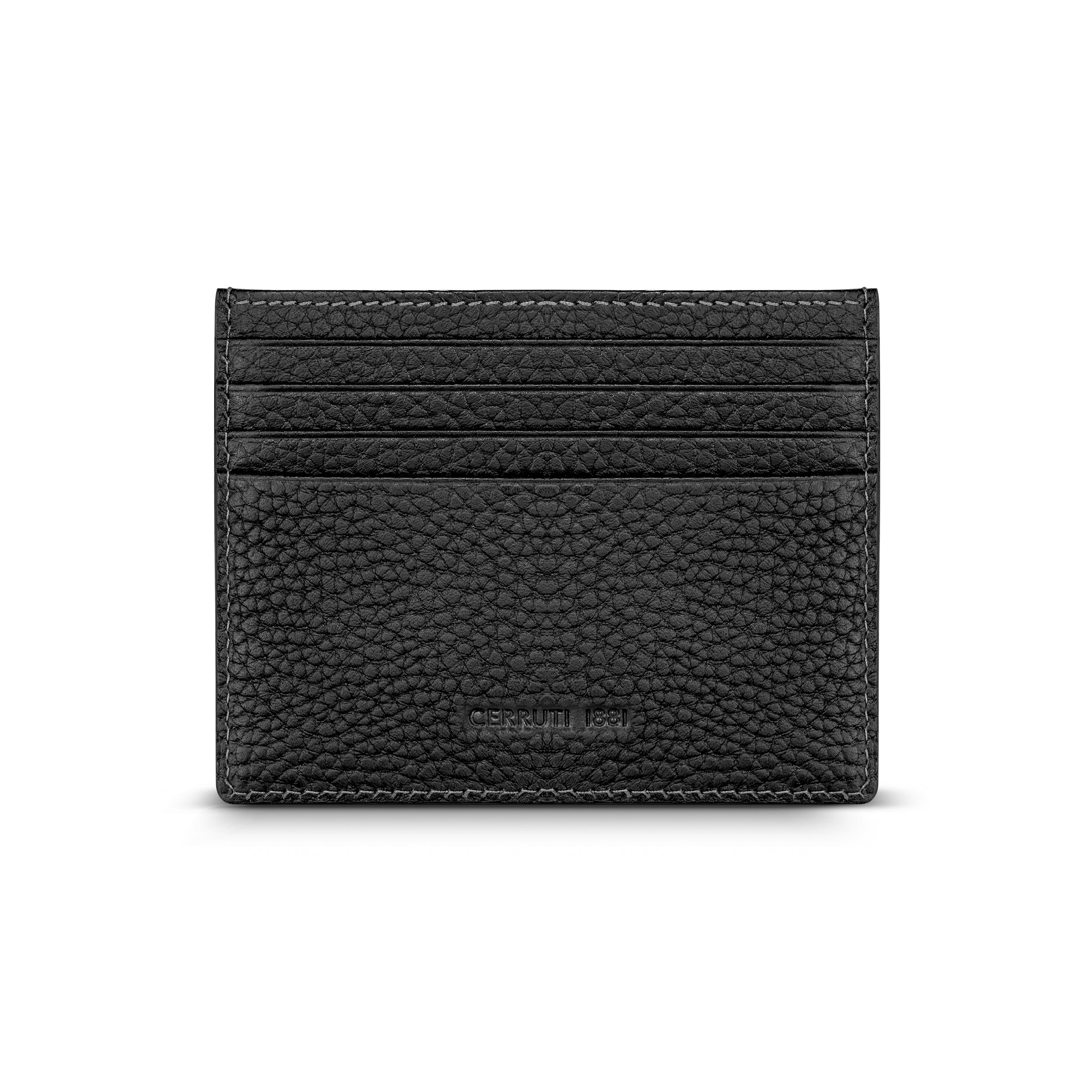 Black genuine leather cardholder with pebbled texture, 4 card slots, and light contrasting stitching. 'CERRUTI 1881' embossed