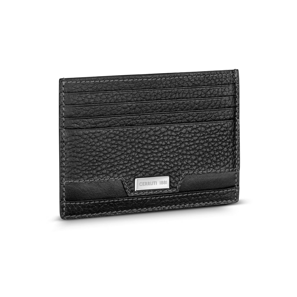 Black grained leather cardholder with multiple card slots, light grey stitching, and a silver-toned 'CERRUTI 1881' plaque.