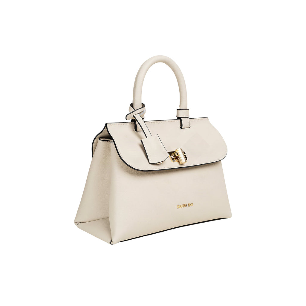 Cerruti 1881 Alice off-white grained leather top-handle bag with a structured trapezoidal shape, black piping, and gold-toned