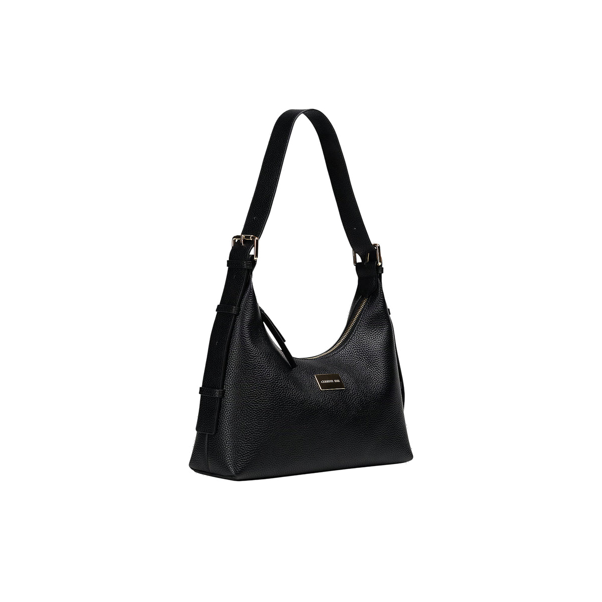 Burgundy pebbled leather crescent shoulder bag with an adjustable strap, gold-toned hardware, and a front logo plaque.
