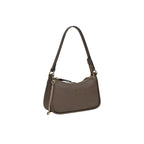 Taupe compact shoulder bag with a single strap, gold-toned top zip, and decorative gold-toned chain detail.