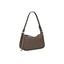 Taupe compact shoulder bag with a single strap, gold-toned top zip, and decorative gold-toned chain detail.