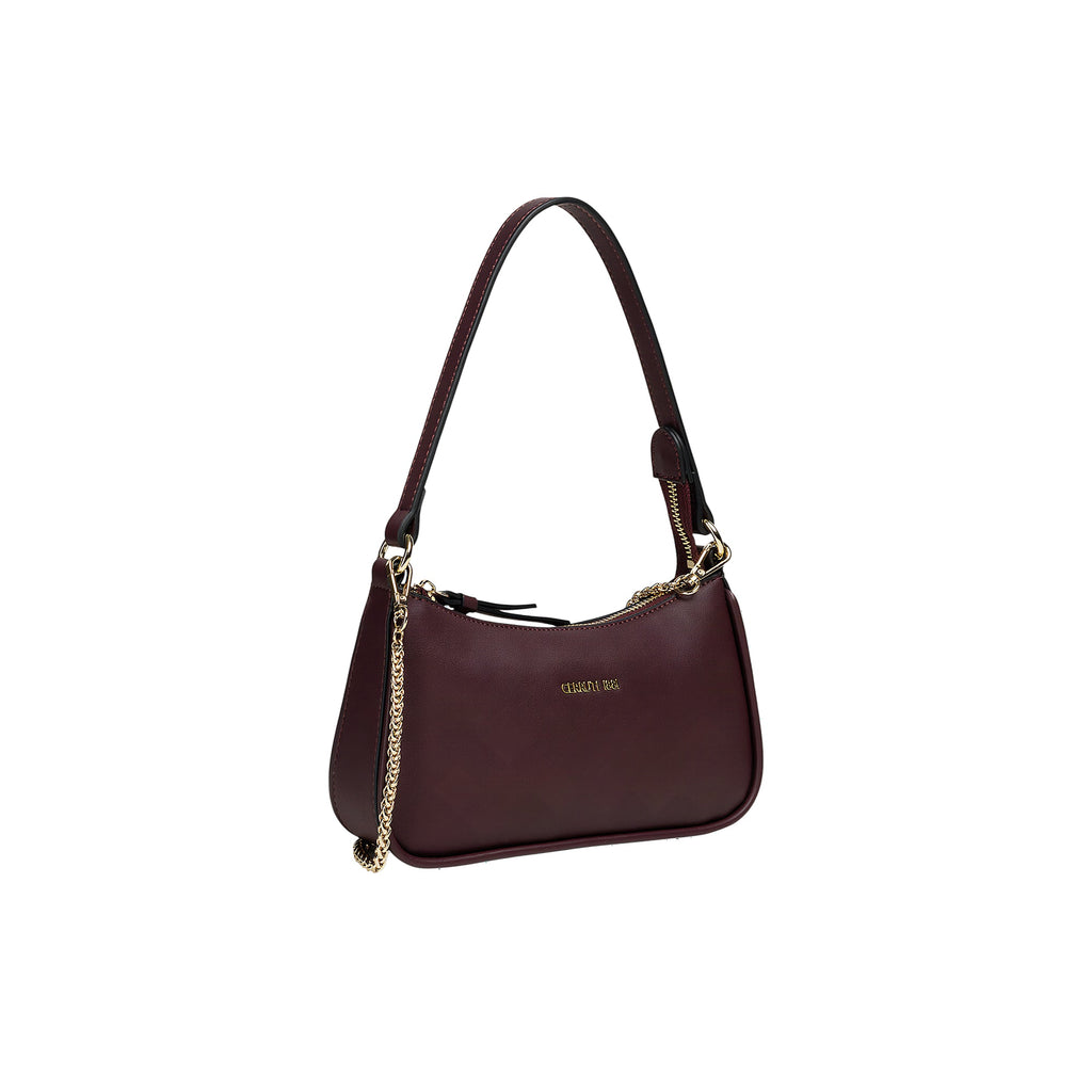 Dark burgundy faux leather baguette bag with a single shoulder strap, gold-toned zipper, side chain, and front logo.