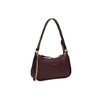 Dark burgundy faux leather baguette bag with a single shoulder strap, gold-toned zipper, side chain, and front logo.