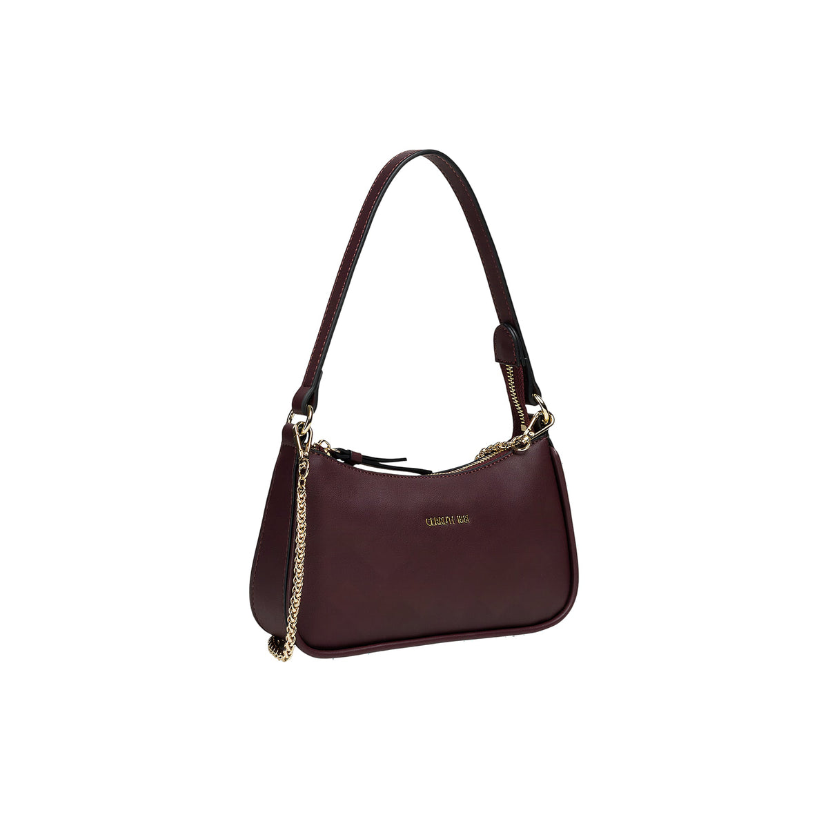 Dark burgundy faux leather baguette bag with a single shoulder strap, gold-toned zipper, side chain, and front logo.
