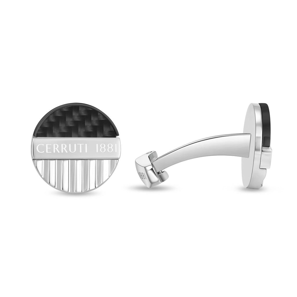 Pair of Cerruti cufflinks with circular faces. Each face has a black carbon fibre top half and a silver-toned, vertically lin